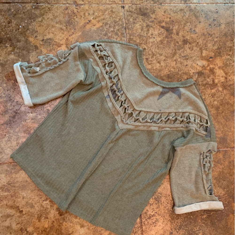 Miss Me Super Soft Dark Olive Green 3/4 sleeve Cut Out Sweater Shirt with Stars
